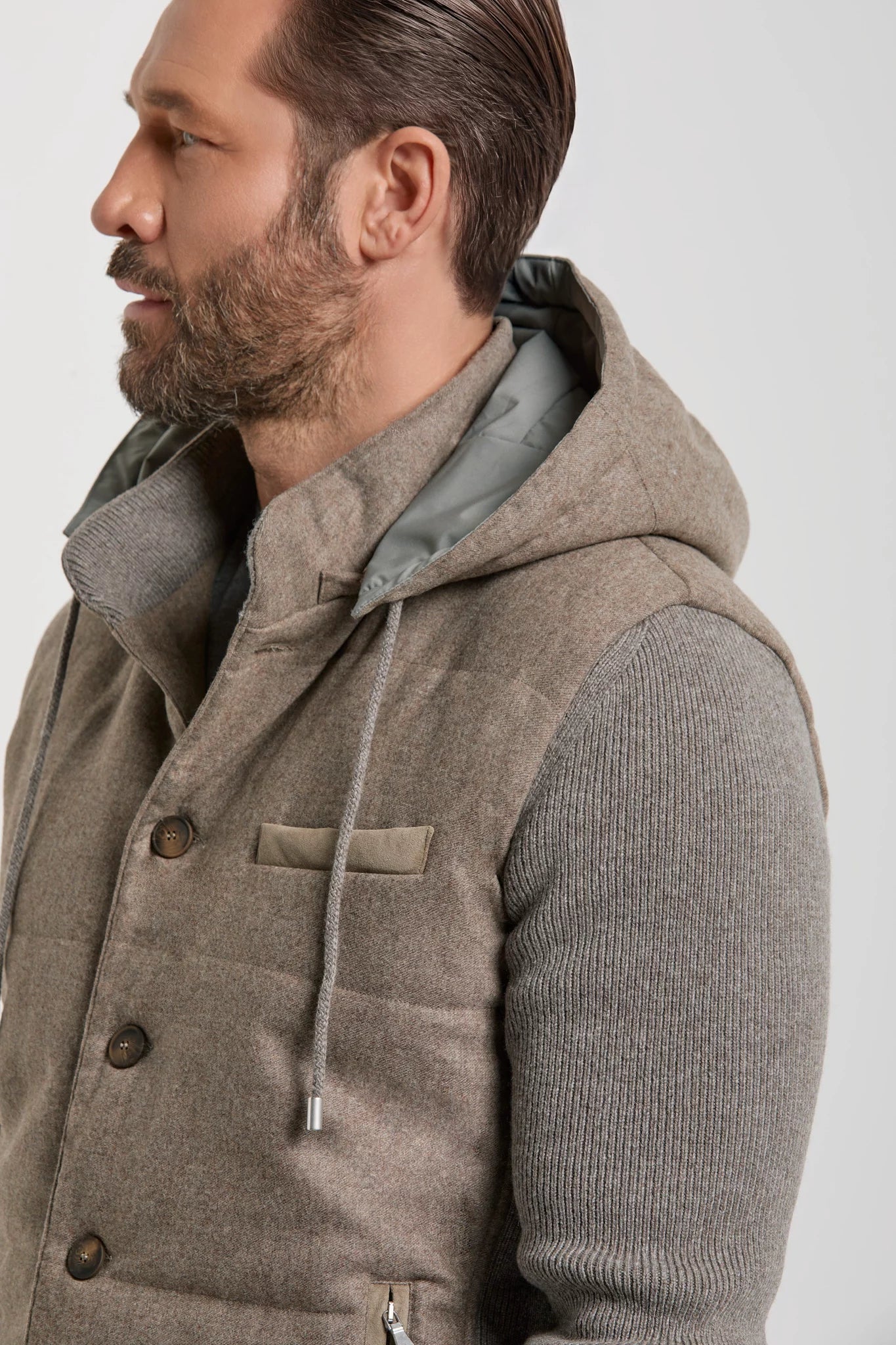 Pini Parma made in italy men taupe flannel knit hooded jacket
