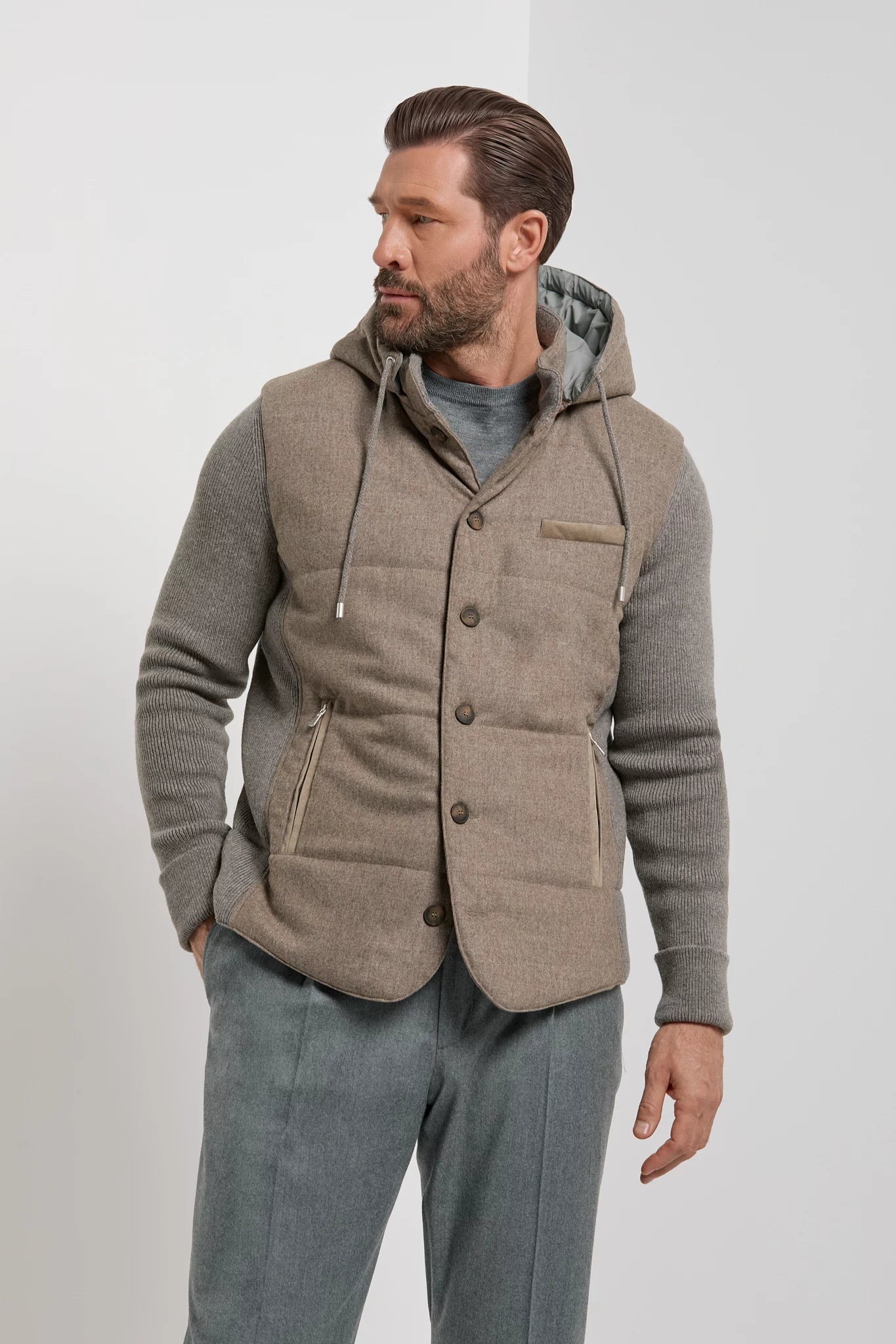 Pini Parma made in italy men taupe flannel knit hooded jacket