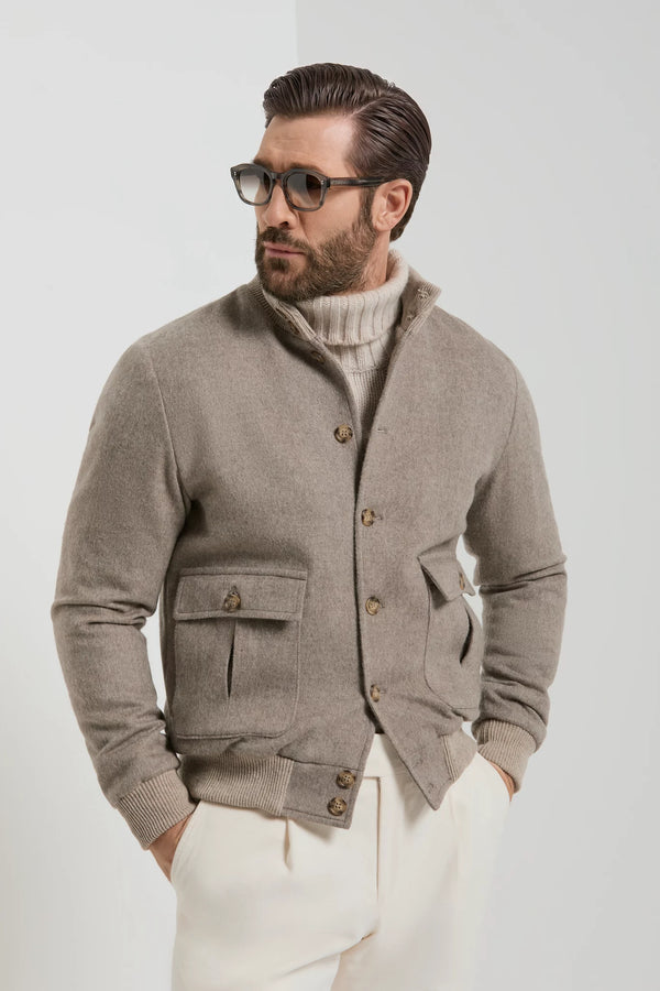 men pini parma taupe bomber with herringbone made in italy in wool 