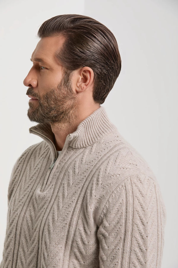 Pini Parma made in Italy men taupe jaquard half zip sweater