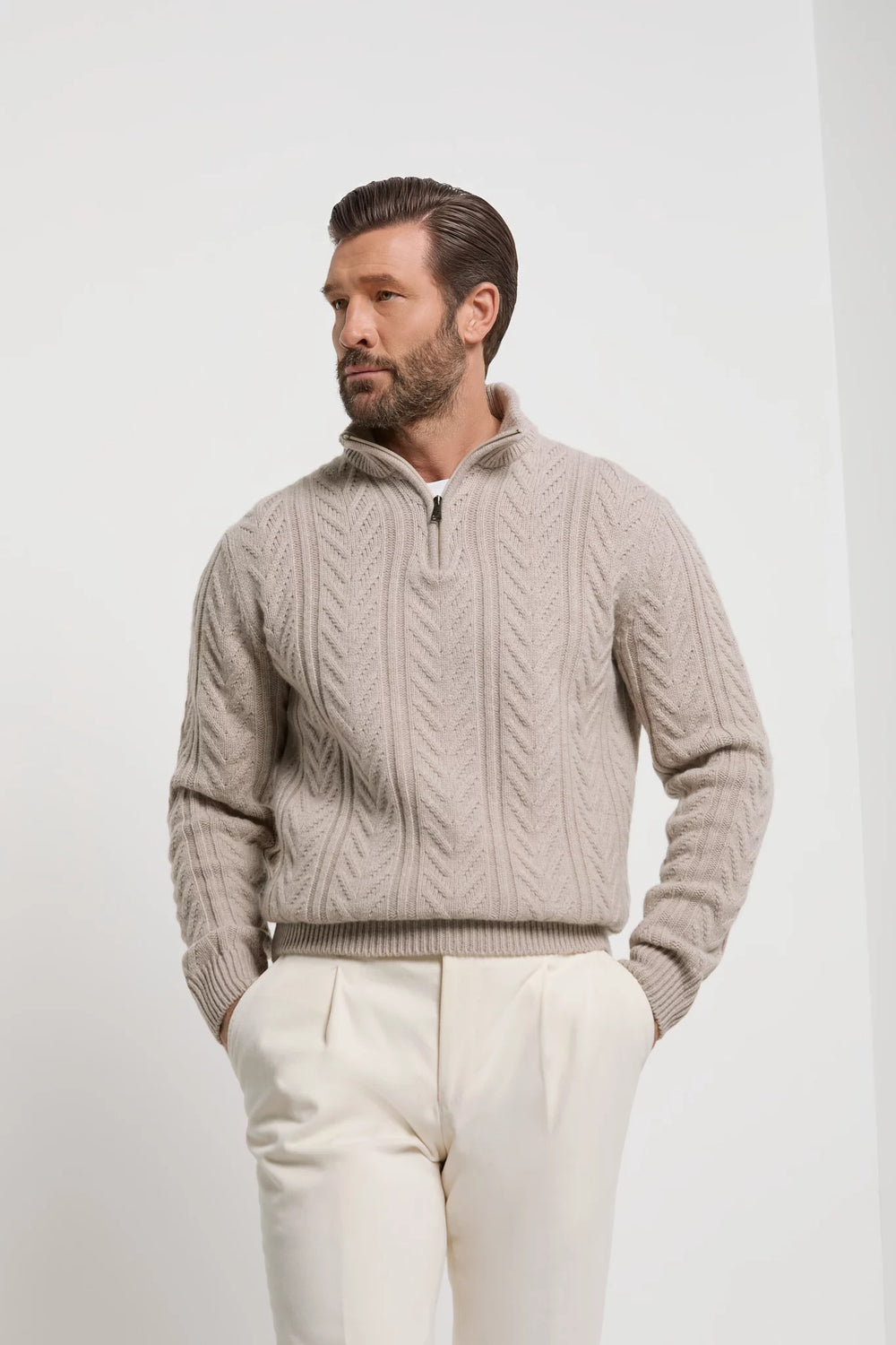 Pini Parma made in Italy men taupe jaquard half zip sweater