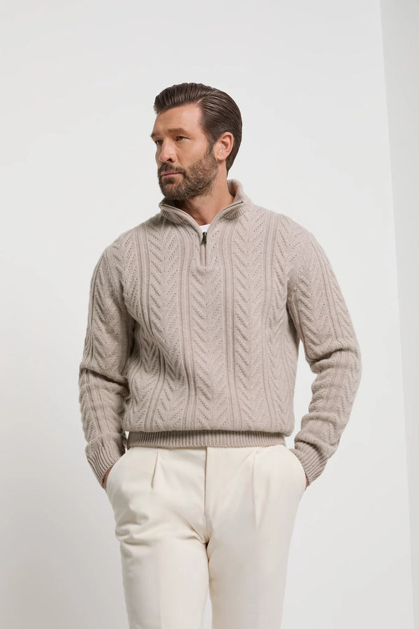 Pini Parma made in Italy men taupe jaquard half zip sweater