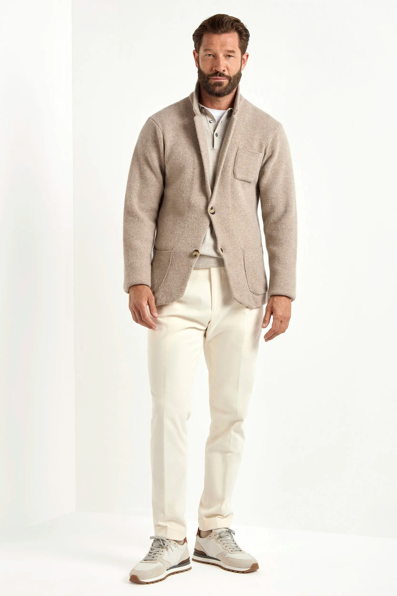 taupe knitted jacket, men's knitted jacket, italian wool cashmere jacket, taupe knit jacket, luxury men's jacket, elegant men's knitwear, refined knitted jacket, tailored taupe jacket, premium italian jacket, sophisticated men's knitwear, timeless italian jacket, upscale men's jacket, classic taupe knitwear, italian craftsmanship jacket, premium men's cashmere jacket, refined italian knit jacket