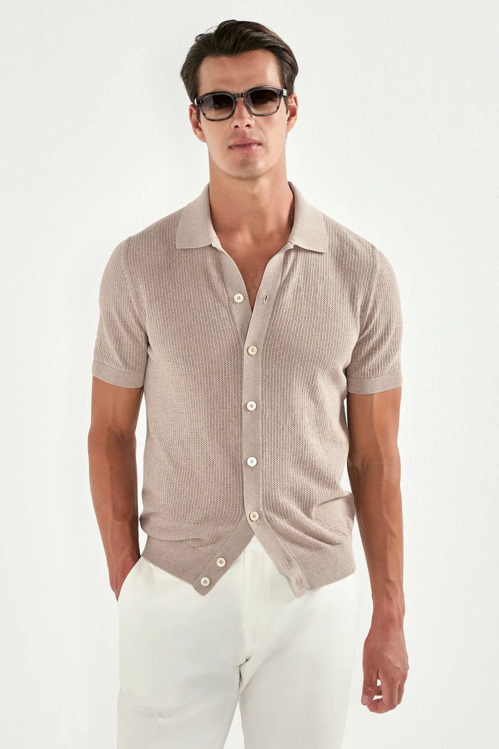 Men Pini Parma taupe polo cardigan, knitwear, made in italy in cotton 