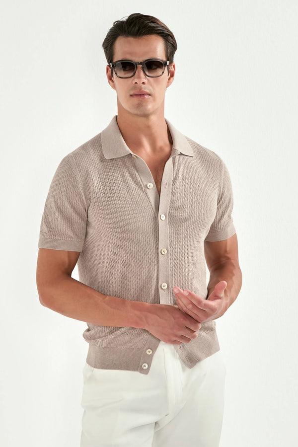 Men Pini Parma taupe polo cardigan, knitwear, made in italy in cotton 