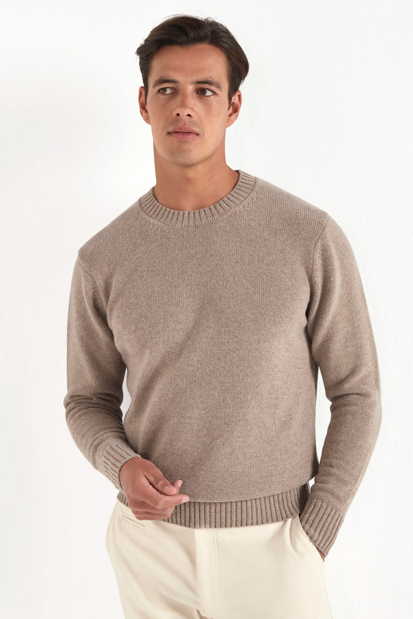 taupe merino crewneck, men's merino sweater, italian merino crew, taupe wool crewneck, luxury men's sweater, elegant men's crewneck, refined merino sweater, tailored taupe crewneck, premium italian sweater, sophisticated men's knitwear, timeless italian crewneck, upscale men's sweater, classic taupe crewneck, italian craftsmanship sweater, premium men's merino knit, refined italian crewneck