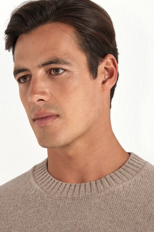 taupe merino crewneck, men's merino sweater, italian merino crew, taupe wool crewneck, luxury men's sweater, elegant men's crewneck, refined merino sweater, tailored taupe crewneck, premium italian sweater, sophisticated men's knitwear, timeless italian crewneck, upscale men's sweater, classic taupe crewneck, italian craftsmanship sweater, premium men's merino knit, refined italian crewneck
