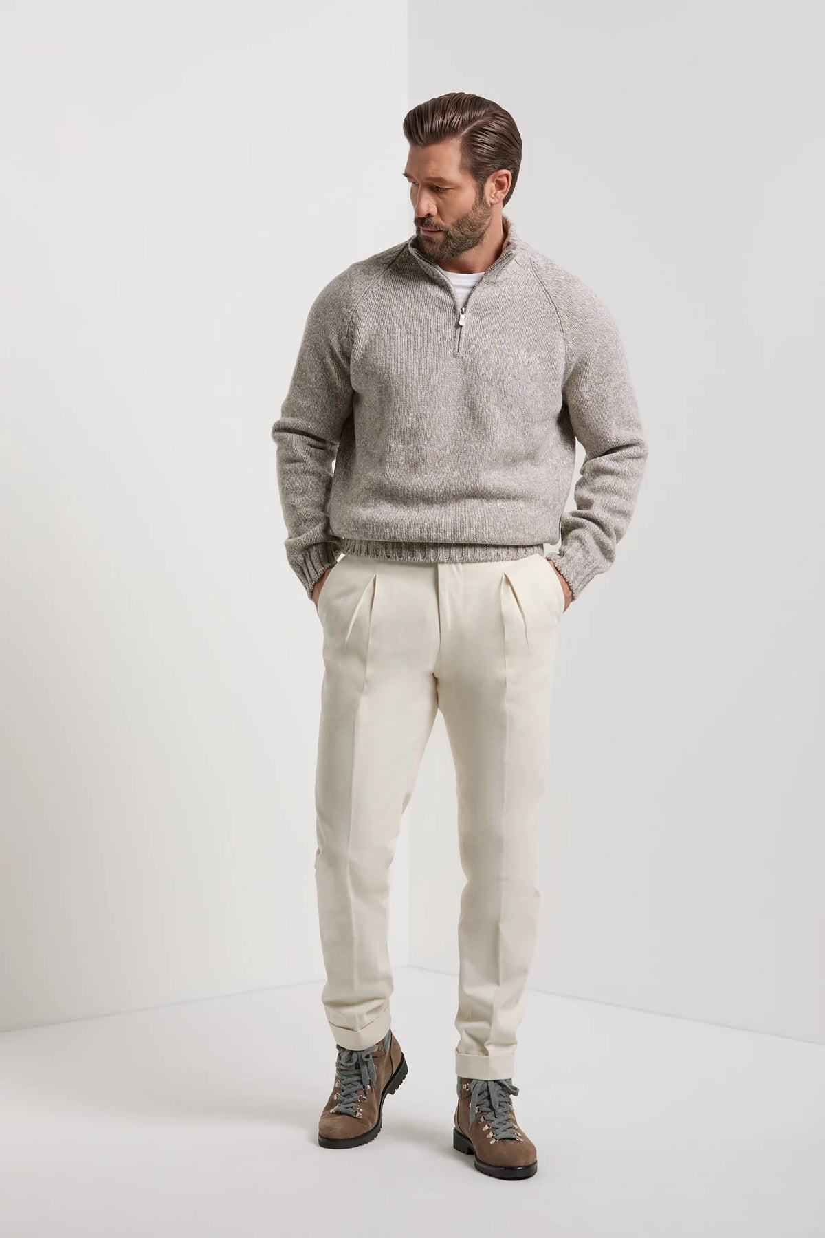 men pini parma taupe half zip sweater made in italy by gran sasso 