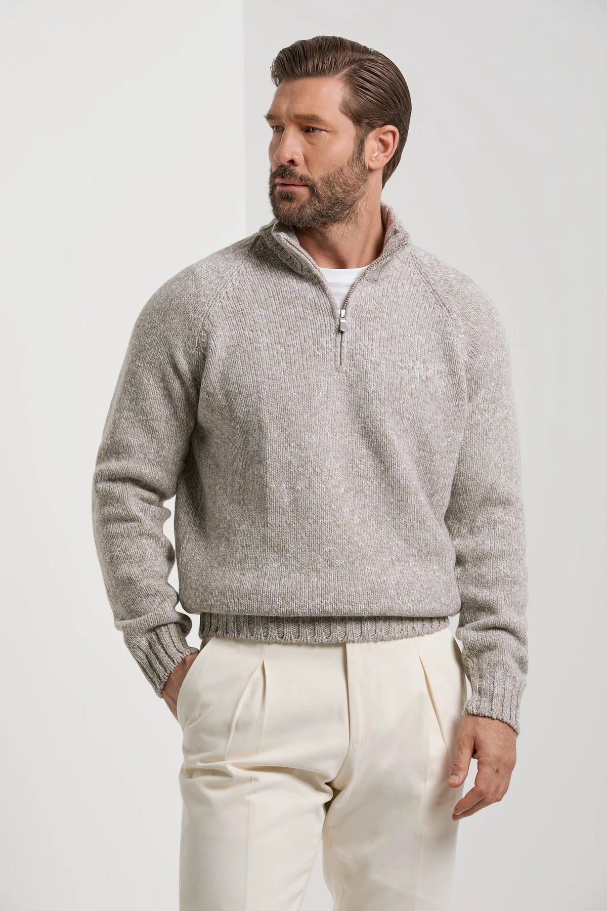 men pini parma taupe half zip sweater made in italy by gran sasso 