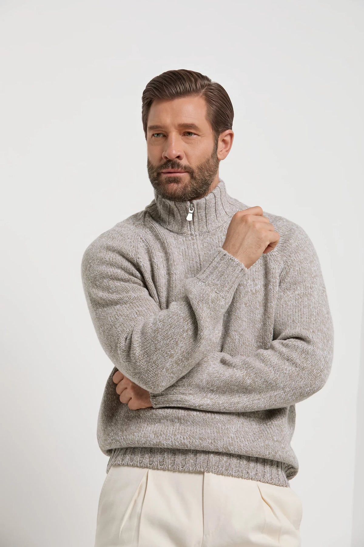 men pini parma taupe half zip sweater made in italy by gran sasso 