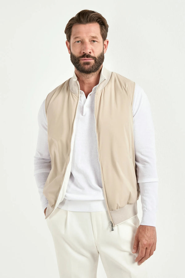 taupe nylon vest, men's taupe vest, italian nylon vest, taupe sleeveless jacket, luxury men's vest, elegant men's outerwear, refined nylon vest, tailored taupe vest, premium italian vest, sophisticated men's vest, timeless italian vest, upscale men's nylon vest, classic taupe vest, italian craftsmanship vest, premium men's sleeveless vest, refined italian nylon vest
