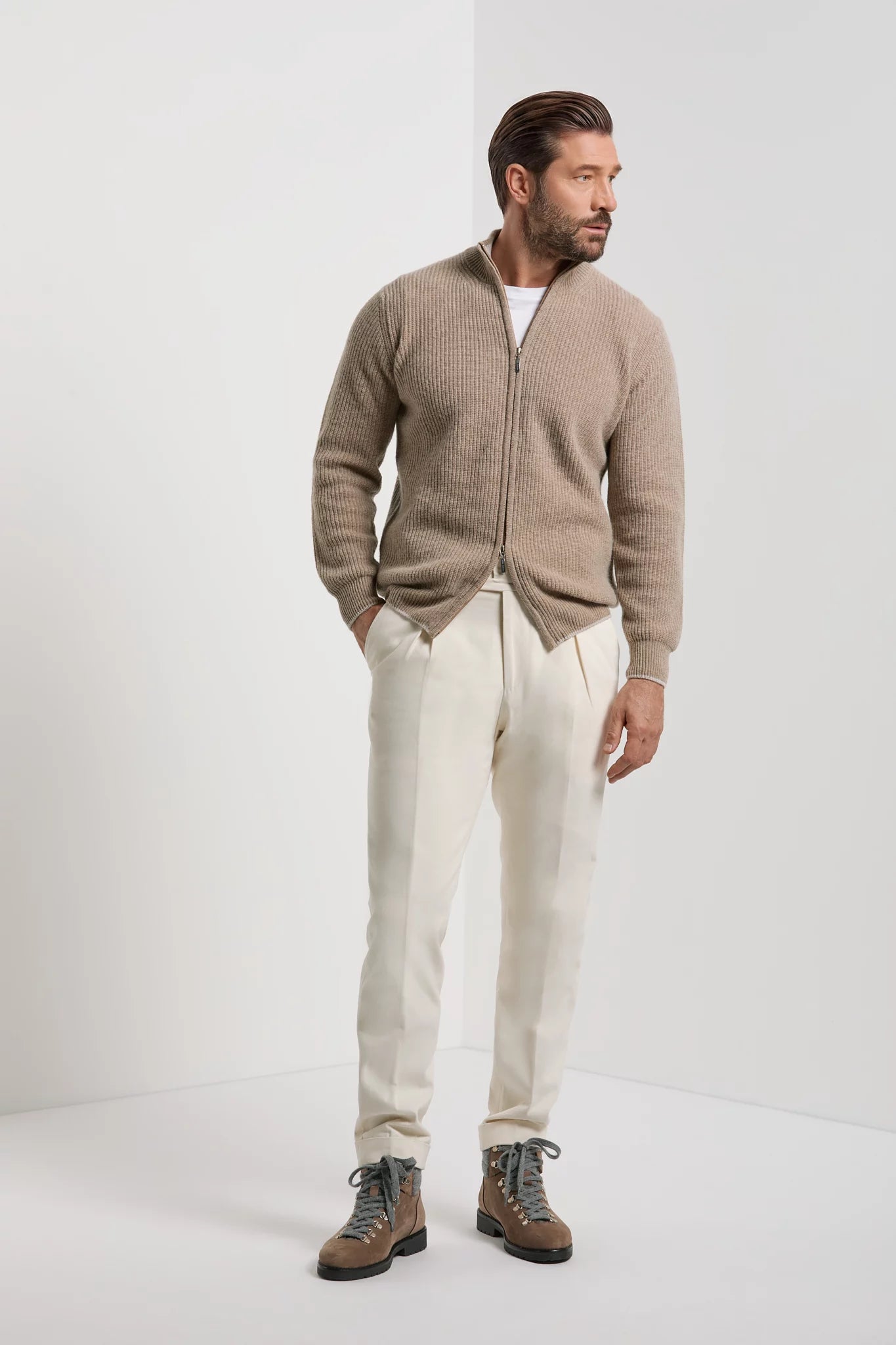 Pini Parma made in italy men taupe ribbed cashmere blend full zip sweater
