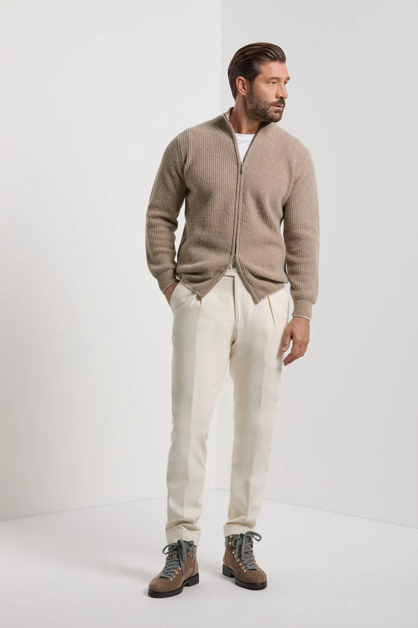 Pini Parma made in italy men taupe ribbed cashmere blend full zip sweater