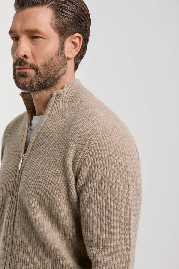 Pini Parma made in italy men taupe ribbed cashmere blend full zip sweater