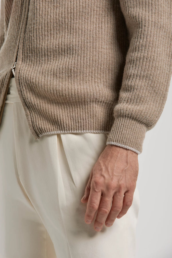 Pini Parma made in italy men taupe ribbed cashmere blend full zip sweater