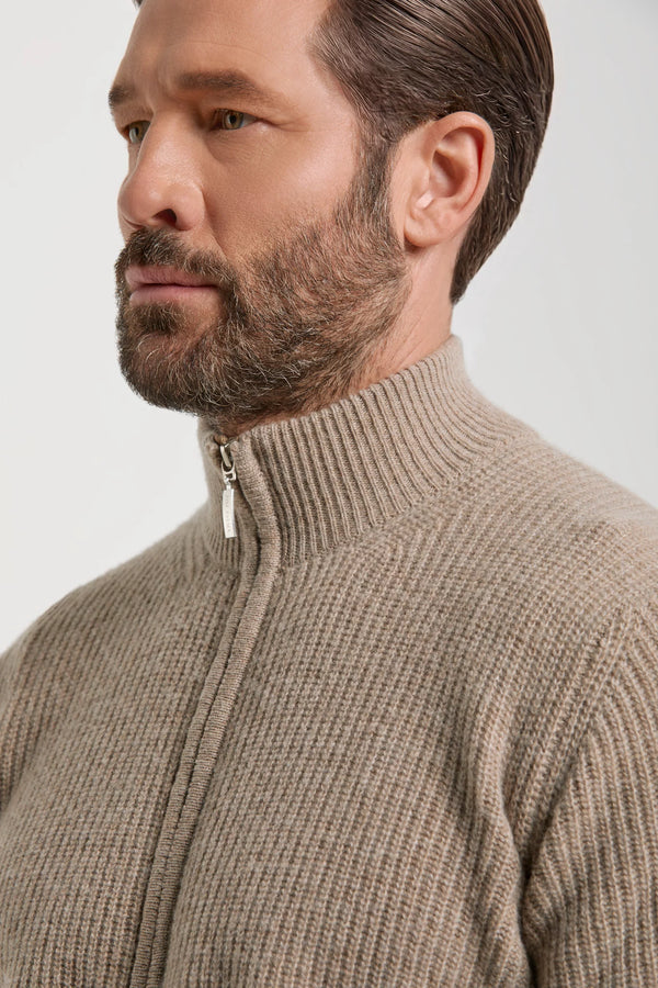 Pini Parma made in italy men taupe ribbed cashmere blend full zip sweater