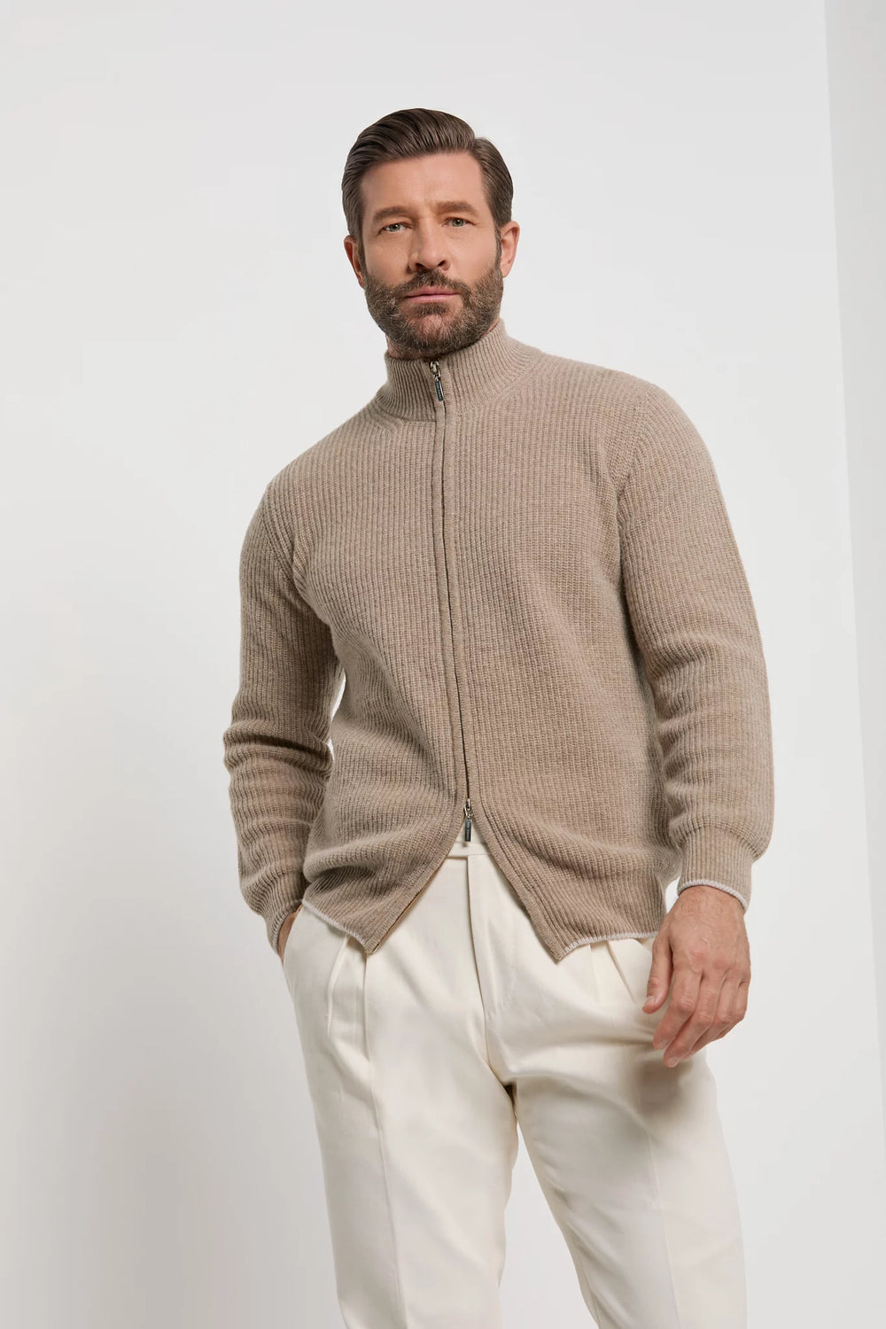 Pini Parma made in italy men taupe ribbed cashmere blend full zip sweater