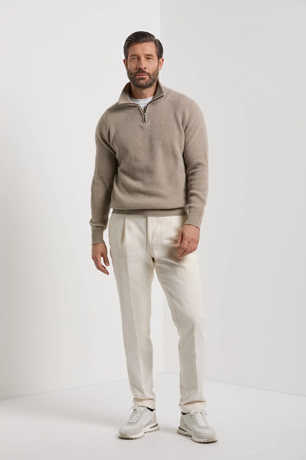 Pini Parma made in Italy men taupe ribbed half zip sweater
