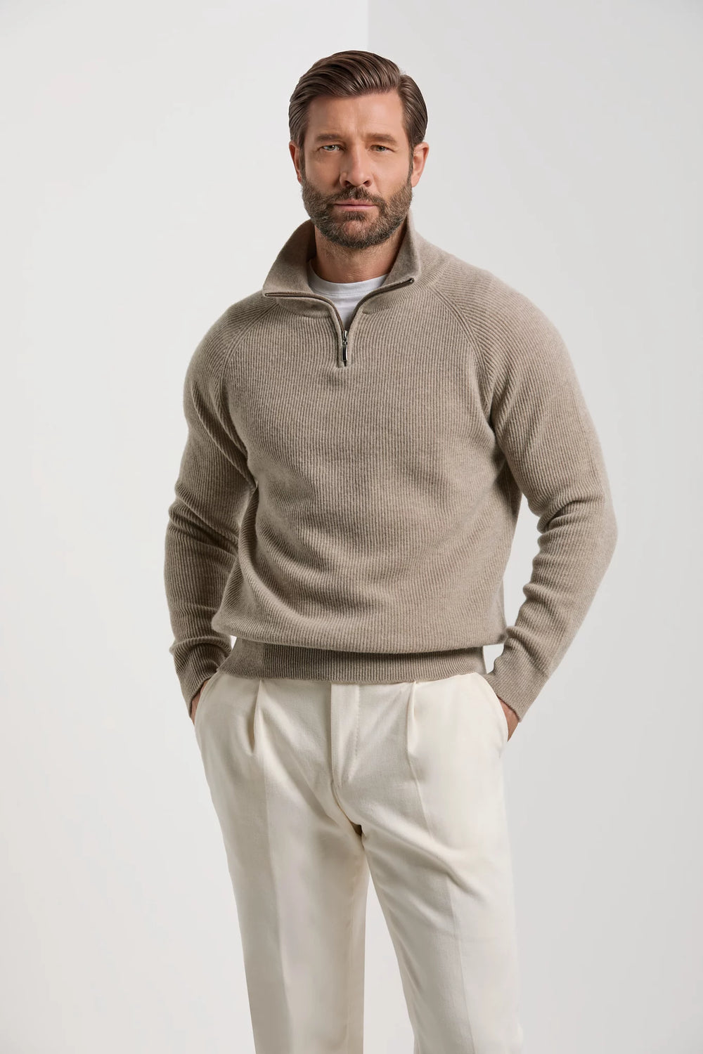 Pini Parma made in Italy men taupe ribbed half zip sweater