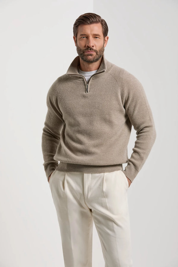 Pini Parma made in Italy men taupe ribbed half zip sweater