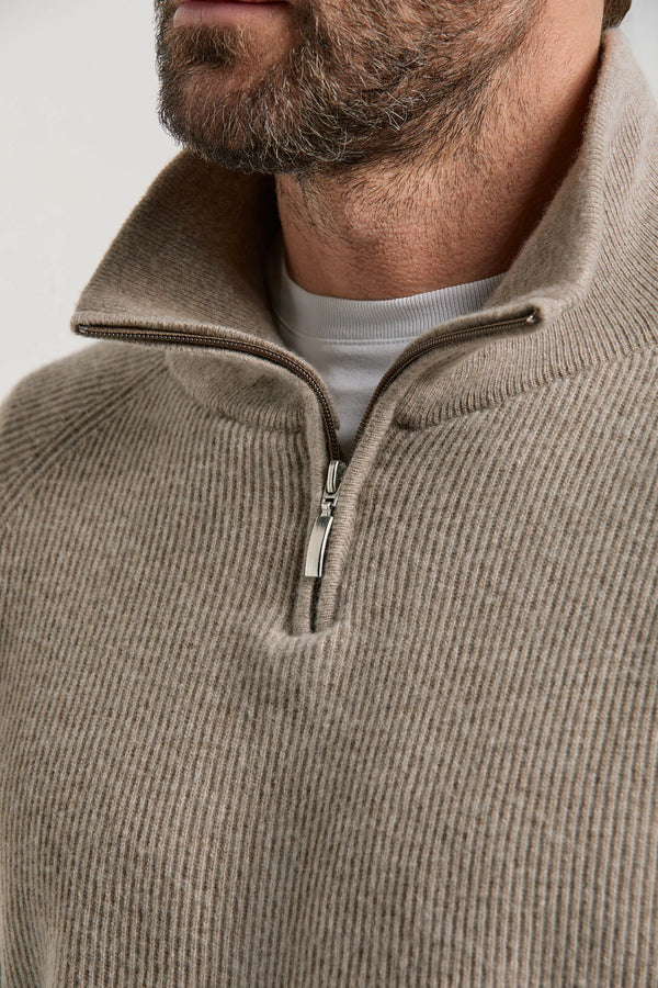 Pini Parma made in Italy men taupe ribbed half zip sweater
