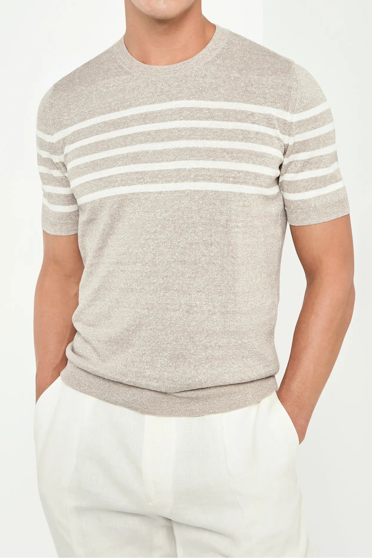 taupe striped t-shirt, men's linen t-shirt, italian linen tee, taupe linen t-shirt, luxury men's t-shirt, elegant men's tee, refined striped t-shirt, tailored taupe t-shirt, premium italian t-shirt, sophisticated men's linen tee, timeless italian t-shirt, upscale men's t-shirt, classic taupe striped t-shirt, italian craftsmanship t-shirt, premium men's linen t-shirt, refined italian striped t-shirt