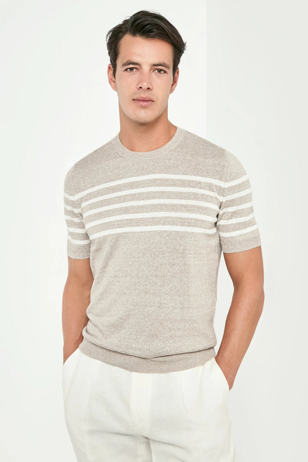 taupe striped t-shirt, men's linen t-shirt, italian linen tee, taupe linen t-shirt, luxury men's t-shirt, elegant men's tee, refined striped t-shirt, tailored taupe t-shirt, premium italian t-shirt, sophisticated men's linen tee, timeless italian t-shirt, upscale men's t-shirt, classic taupe striped t-shirt, italian craftsmanship t-shirt, premium men's linen t-shirt, refined italian striped t-shirt