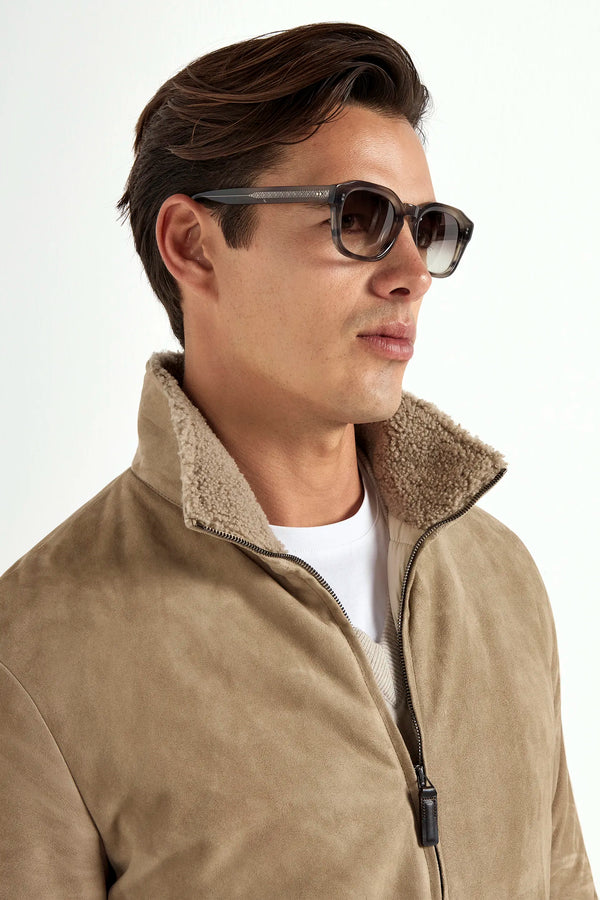 taupe suede bomber, men's suede bomber, italian suede bomber, taupe shearling jacket, luxury men's bomber, elegant men's suede jacket, refined suede bomber, tailored taupe bomber, premium italian bomber, sophisticated men's jacket, timeless suede bomber, upscale men's outerwear, classic taupe bomber, italian craftsmanship jacket, premium men's suede bomber, refined italian shearling bomber