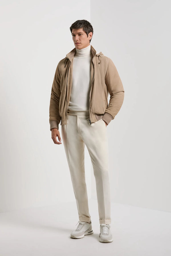 Pini Parma Made in Italy men wears taupe suede hooded bomber