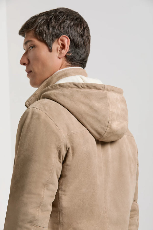 Pini Parma Made in Italy men wears taupe suede hooded bomber