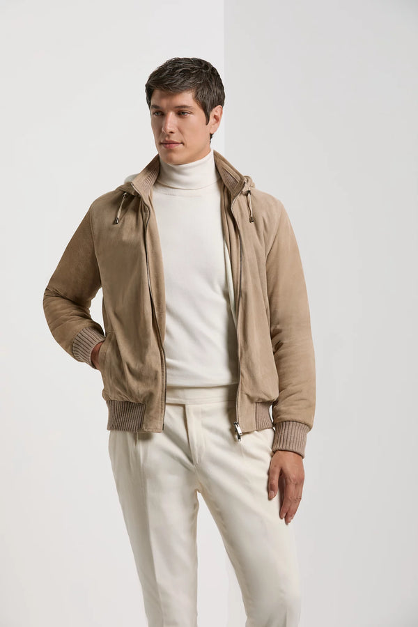 Pini Parma Made in Italy men wears taupe suede hooded bomber