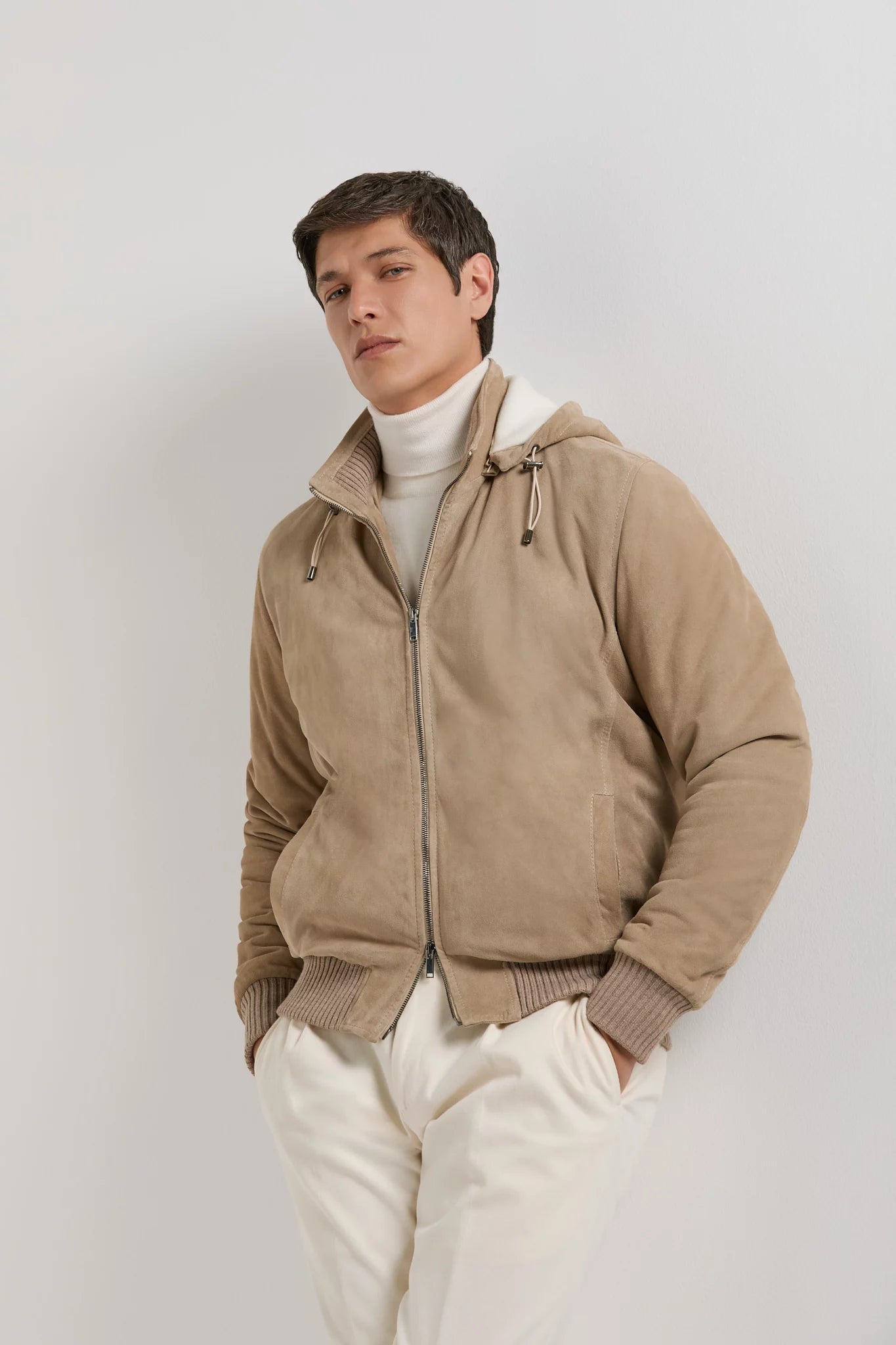 Pini Parma Made in Italy men wears taupe suede hooded bomber