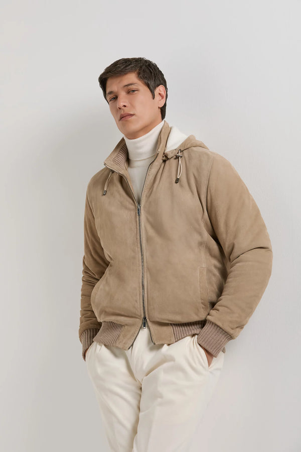 Pini Parma Made in Italy men wears taupe suede hooded bomber