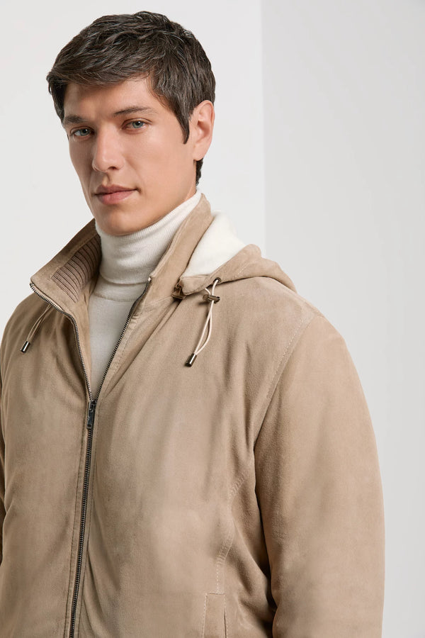 Pini Parma Made in Italy men wears taupe suede hooded bomber
