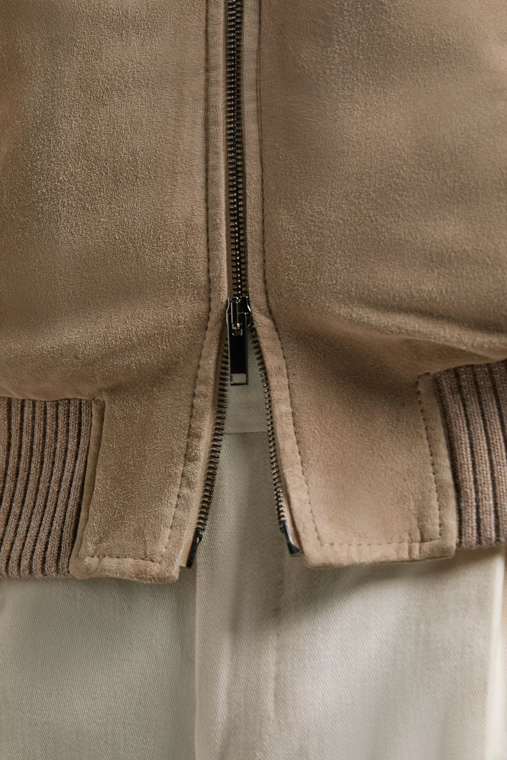 Pini Parma Made in Italy men wears taupe suede hooded bomber