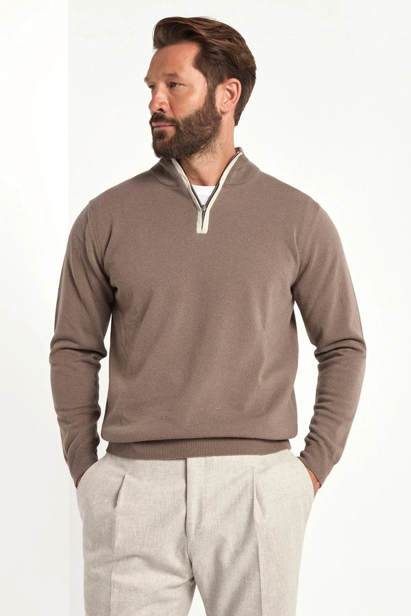 taupe half zip sweater, men's cashmere half zip, italian wool half zip, taupe zip sweater, luxury men's half zip, elegant men's knitwear, refined wool half zip, tailored taupe half zip, premium italian half zip, sophisticated men's zip sweater, timeless italian knitwear, upscale men's half zip, classic taupe sweater, italian craftsmanship knitwear, premium men's cashmere zip, refined italian half zip