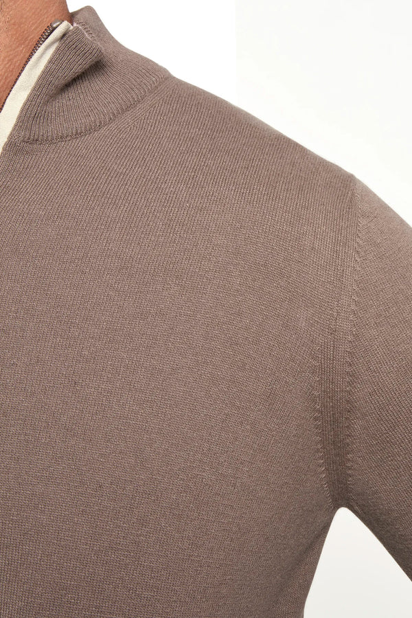 taupe half zip sweater, men's cashmere half zip, italian wool half zip, taupe zip sweater, luxury men's half zip, elegant men's knitwear, refined wool half zip, tailored taupe half zip, premium italian half zip, sophisticated men's zip sweater, timeless italian knitwear, upscale men's half zip, classic taupe sweater, italian craftsmanship knitwear, premium men's cashmere zip, refined italian half zip