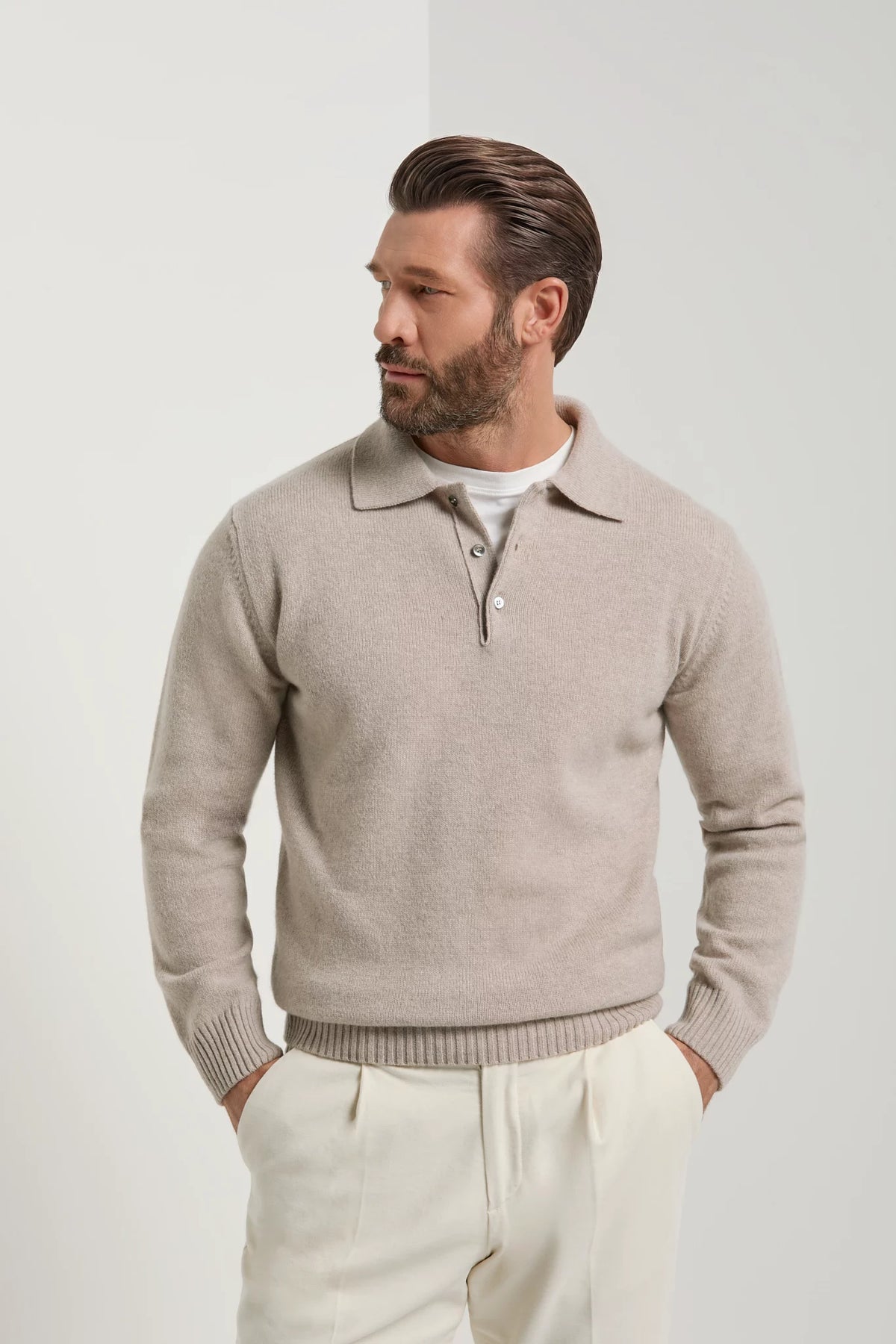 men pini parma blue long sleeve polo made in italy in wool and cashmere 