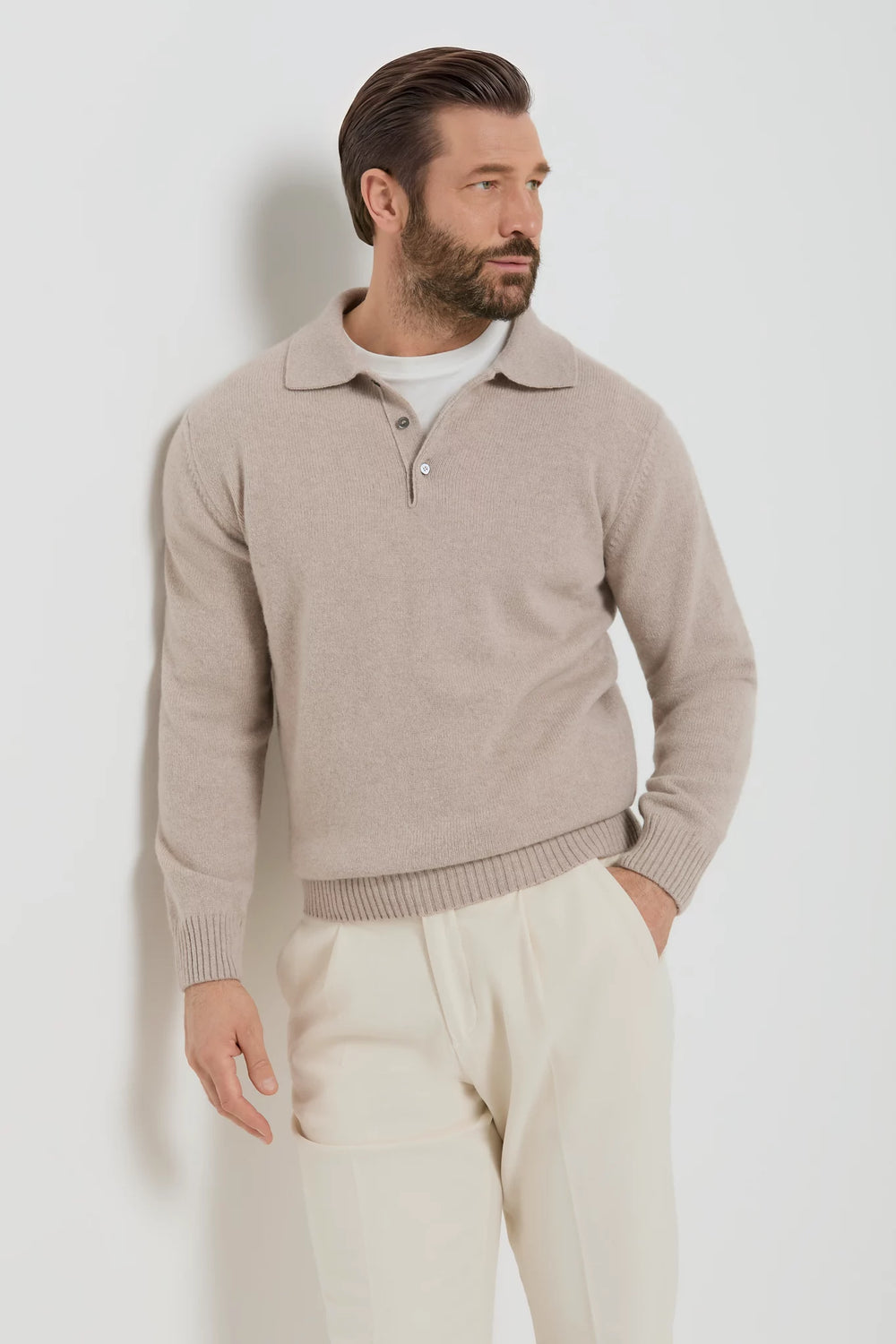 men pini parma blue long sleeve polo made in italy in wool and cashmere 