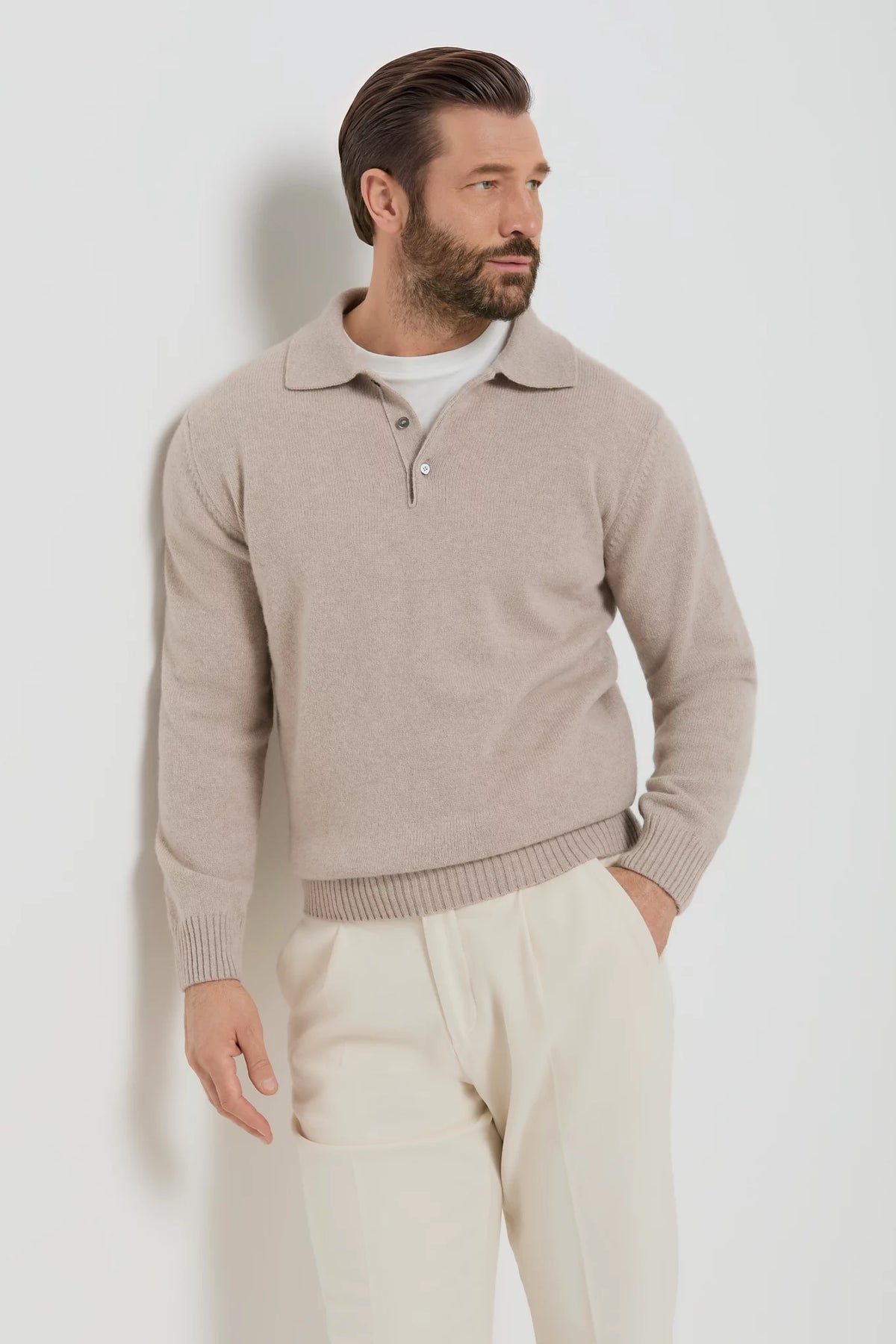men pini parma blue long sleeve polo made in italy in wool and cashmere 