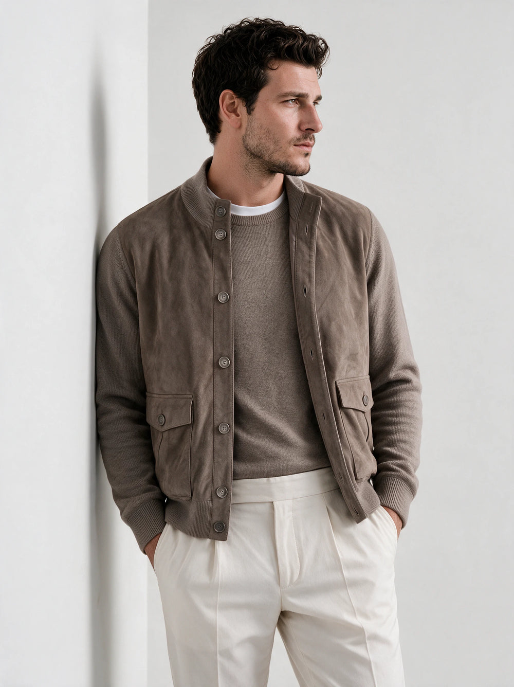 Taupe alcantara & wool cardigan - Made in Italy