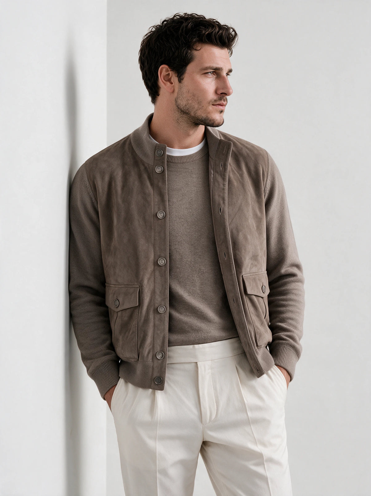 Taupe alcantara & wool cardigan - Made in Italy