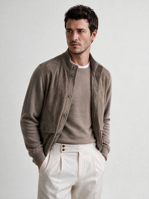 Cardigan tortora in Alcantara e lana - Made in Italy
