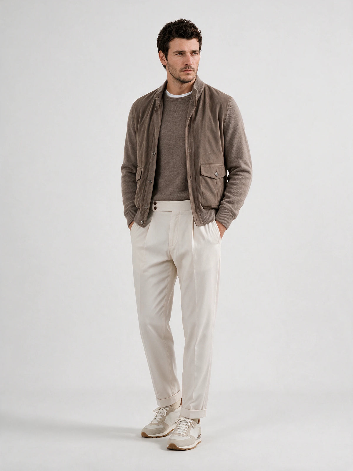 Taupe alcantara & wool cardigan - Made in Italy