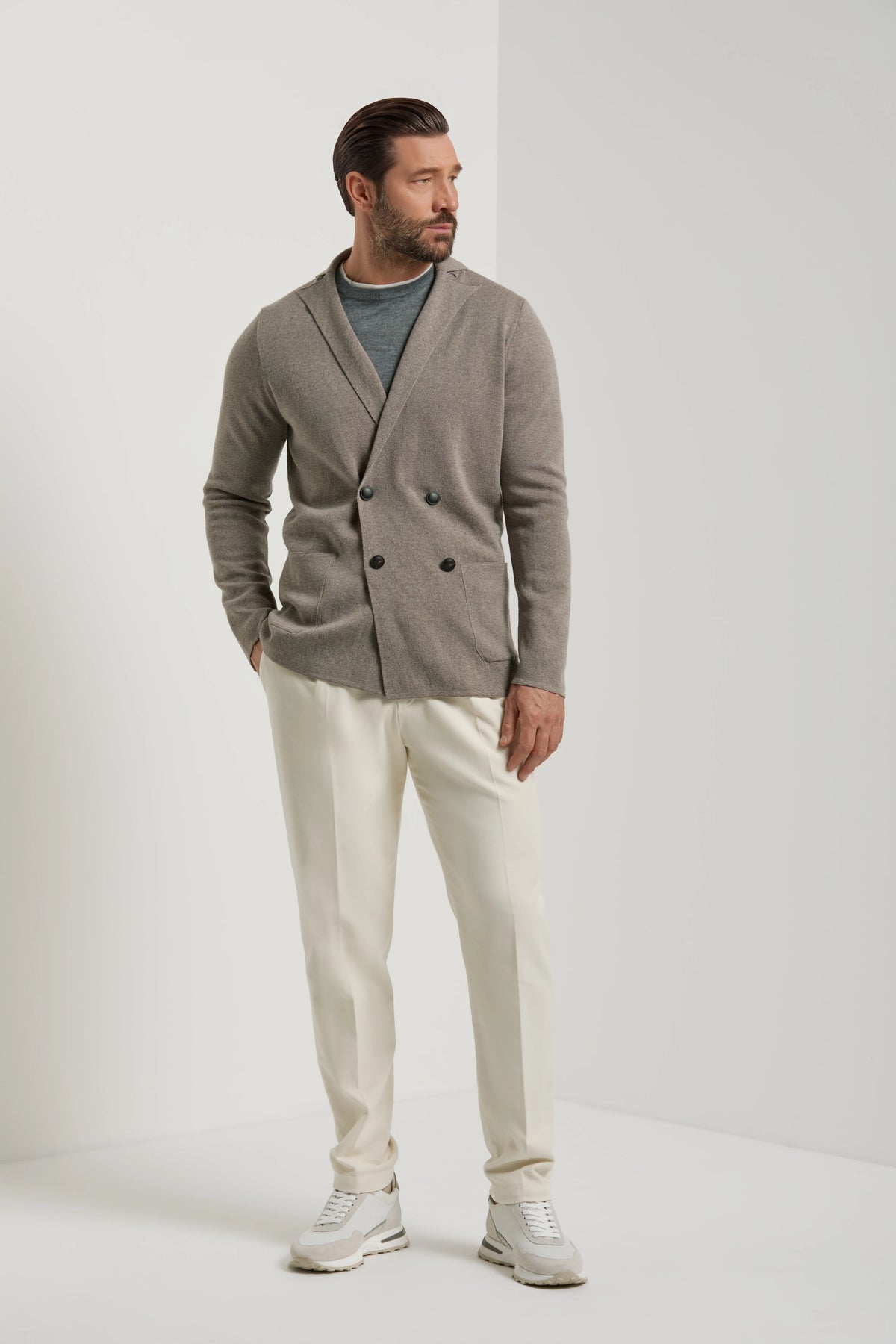 Giacca doppiopetto tortora in maglia - Made in Italy