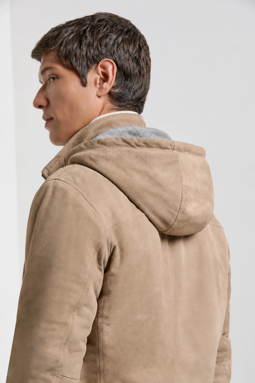 Taupe suede hooded bomber - Made in Italy