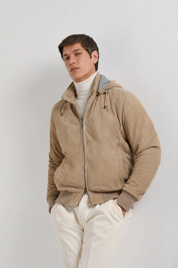 Bomber à capuche en daim taupe - Made in Italy