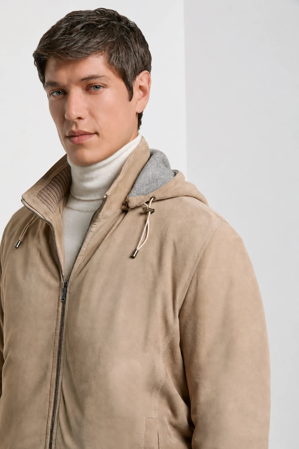 Taupe suede hooded bomber - Made in Italy