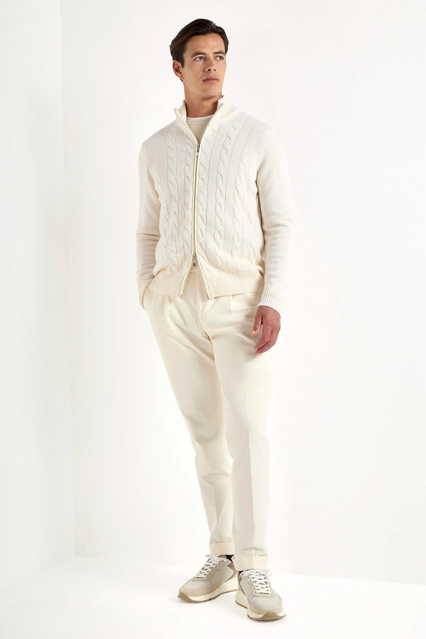 white cable knit full zip, men's cashmere full zip, italian knit full zip, white cashmere zip sweater, luxury men's full zip, elegant men's knitwear, refined cable knit full zip, tailored white full zip, premium italian full zip, sophisticated men's zip sweater, timeless italian knitwear, upscale men's full zip, classic white zip sweater, italian craftsmanship knitwear, premium men's cashmere zip, refined italian cable knit full zip
