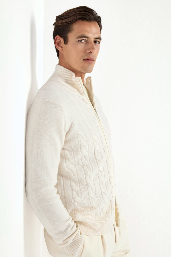 white cable knit full zip, men's cashmere full zip, italian knit full zip, white cashmere zip sweater, luxury men's full zip, elegant men's knitwear, refined cable knit full zip, tailored white full zip, premium italian full zip, sophisticated men's zip sweater, timeless italian knitwear, upscale men's full zip, classic white zip sweater, italian craftsmanship knitwear, premium men's cashmere zip, refined italian cable knit full zip